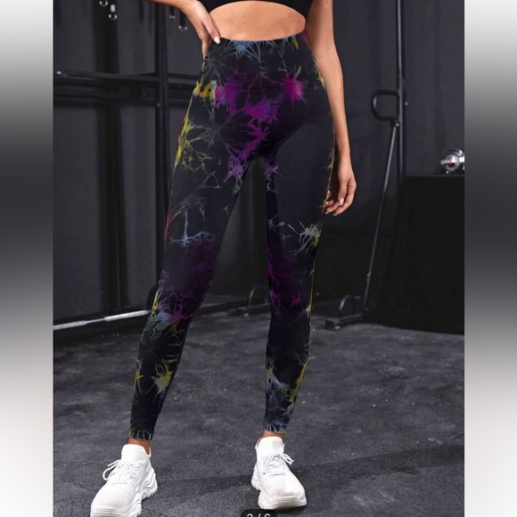 Tie dye colorful black workout wide waistband high waist scrunch butt leggings - Picture 2 of 6